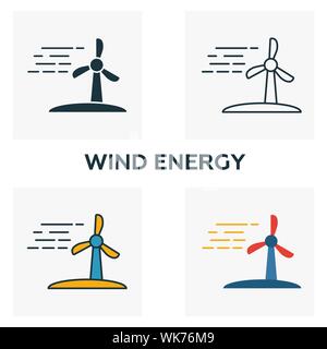 Windenergie Icon Set. Vier Elemente in verschiedenen Stilrichtungen von Kraft und Energie icons Collection. Kreative Windenergie Icons, Outline, farbige und Stock Vektor