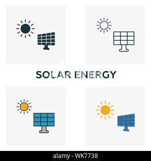Solarenergie Icon Set. Vier Elemente in verschiedenen Stilrichtungen von Kraft und Energie icons Collection. Kreative Solarenergie Icons, Outline, farbig Stock Vektor