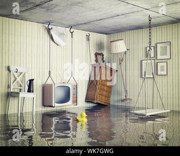 Alltag in der überfluteten Wohnung. 3D-Konzept Stockfoto