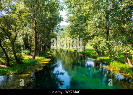 Schönen Fluss Gacka, die zwischen Bäumen und Feldern, Sommer, Lika, Kroatien Stockfoto