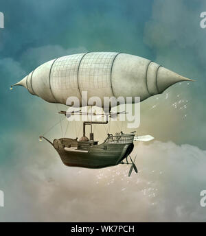Fantasy Steampunk Luftschiff fliegen in einem bewölkten Himmel Stockfoto