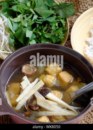 Suppentopf für vegane bun Mang oder Bambus shoot Nudeln mit Tofu, Pilzen, laksa Blätter, Kräuter, ein einfaches Gericht aus Gemüse, aber köstlichen vegetarischen Stockfoto