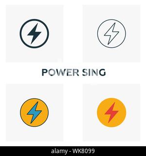 Power singen Icon Set. Vier Elemente in verschiedenen Stilrichtungen von Kraft und Energie icons Collection. Kreative macht Singen Icons, Outline, farbige und Stock Vektor