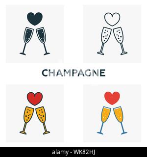 Champagner Icon Set. Vier Elemente in verschiedenen Stilrichtungen von Flitterwochen icons Collection. Kreative champagner Icons, Outline, farbige und flach Stock Vektor