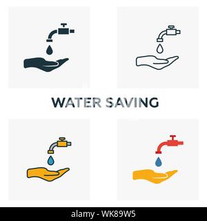 Wasser sparen Symbol gesetzt. Vier Elemente in verschiedenen Stilrichtungen von Kraft und Energie icons Collection. Kreative Wasser sparende Icons, Outline, farbig Stock Vektor