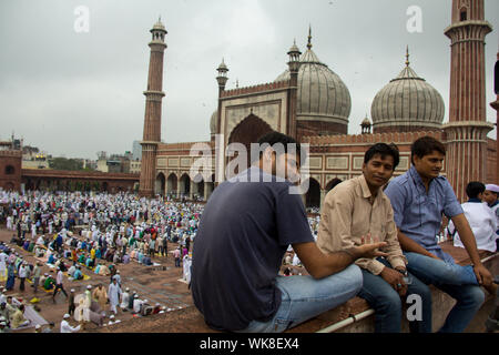 Große Gruppe von Menschen, die beten Namaz in Masjid, Jama Masjid, Alt-Delhi, Indien Stockfoto