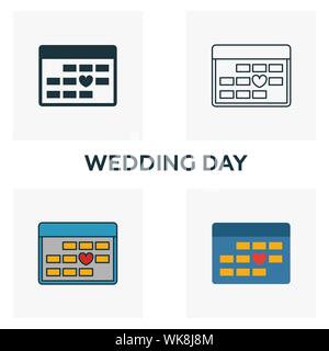 Hochzeit Symbol gesetzt. Vier Elemente in verschiedenen Stilrichtungen von Flitterwochen icons Collection. Kreative Hochzeit Icons, Outline, farbige und flach Stock Vektor
