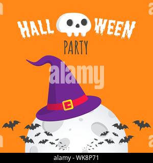 Halloween Party text Postkarte Banner mit großer Hexenhut, Fledermäuse, Mond und Text happy halloween mit Schädel auf orange Hintergrund Flat Style isoliert d Stock Vektor