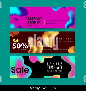Abstrakte moderne Grafik flüssig Banner. Dynamische Wellen verschiedene farbige Flüssigkeit bildet. Isolierte Vorlagen mit fließenden Flüssigkeiten, Formen. Stock Vektor