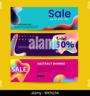 Abstrakte moderne Grafik flüssig Banner. Dynamische Wellen verschiedene farbige Flüssigkeit bildet. Isolierte Vorlagen mit fließenden Flüssigkeiten, Formen. Stock Vektor