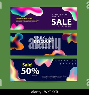 Abstrakte moderne Grafik flüssig Banner. Dynamische Wellen verschiedene farbige Flüssigkeit bildet. Isolierte Vorlagen mit fließenden Flüssigkeiten, Formen. Stock Vektor