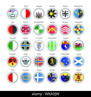Satz von Vector Icons. Grafschaften von Nordirland, Schottland und Wales Fahnen. 3D-Darstellung. Stock Vektor