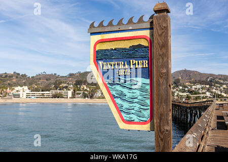 Ventura Pier Schild, Kalifornien. Stockfoto