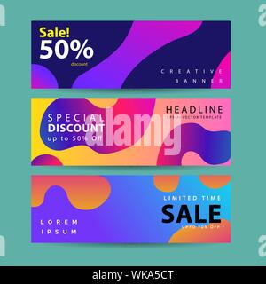 Abstrakte moderne Grafik flüssig Banner. Dynamische Wellen verschiedene farbige Flüssigkeit bildet. Isolierte Vorlagen mit fließenden Flüssigkeiten, Formen. Stock Vektor