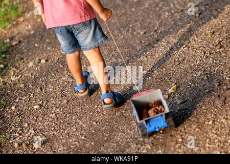 Rückansicht des unteren Abschnitt von einem 3-4 jährigen Kind im Sommer Kleidung auf einer Kiesgrube Fußweg Ziehen einer Spielzeug-LKW im Abendlicht Stockfoto