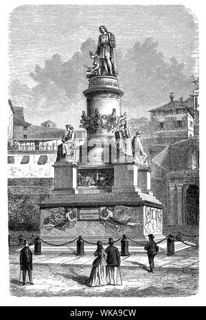 Denkmal von Christoph Kolumbus gebaut im Jahr 1862 in Genua, Italien. An den vier Ecken des Sockel 4 Statuen symbolisiert Nautik, der Religion, der Behutsamkeit und der Stärke. Vintage gravieren, 19. Jahrhundert Stockfoto