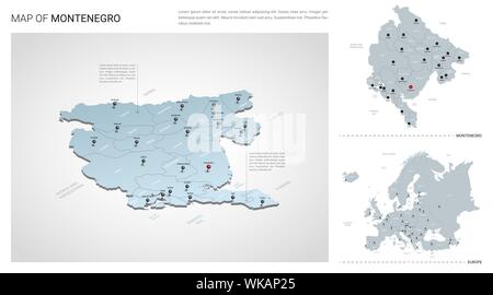 Vektor einrichten von Montenegro Land. Isometrische 3d-Karte, Montenegro Karte, Europa Karte - mit Region, Staat Namen und Städtenamen. Stock Vektor