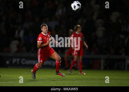 Newport, Großbritannien. 03 Sep, 2019. Emma Jones von Wales Frauen in Aktion. Wales Frauen v Nordirland Frauen, Frauen der UEFA Euro 2021 Meisterschaft, Gruppe c Qualifikationsspiel an Rodney Parade in Newport, South Wales am Dienstag, 3. September 2019. pic von Andrew Obstgarten/Alamy leben Nachrichten Stockfoto