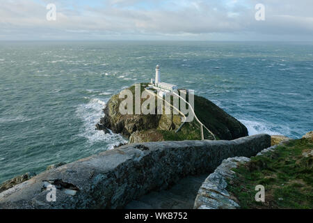 South Stack Leuchtturm, der auf einer Insel mit dem gleichen Namen befindet, befindet sich ganz in der Nähe der heiligen Insel Holyhead an der nordwestlichen Küste von Anglesey. Stockfoto