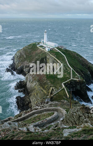 South Stack Leuchtturm, der auf einer Insel mit dem gleichen Namen befindet, befindet sich ganz in der Nähe der heiligen Insel Holyhead an der nordwestlichen Küste von Anglesey. Stockfoto