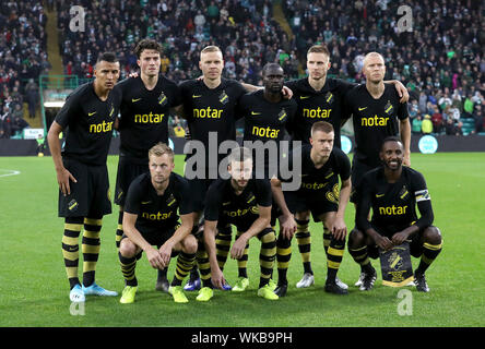 AIK team Group, hintere Reihe, L-R, Nabil Bahoui, Daniel Granli, kolbeinn Sigthorsson, Enoch Kofi Adu, Karol Mets, Pro Karlsson. Vordere Reihe, L-R, Sebastian Larsson, Robert Lundstrom, Rasmus Lindkvist, Henok Goitom. Stockfoto