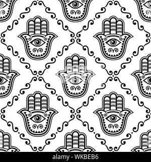 Hamsa Hand nahtlose Vektor Muster, khamsa oder die Hand von Fatima sich wiederholende Design, Symbol für Schutz von Devil eye Hintergrund in Schwarz und Weiß. Stock Vektor