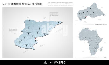 Vektor einrichten von Zentralafrikanische Republik Land. Isometrische 3d-Karte, Zentralafrikanische Republik Karte, Afrika Karte - mit Region, Staat Namen und Städtenamen. Stock Vektor
