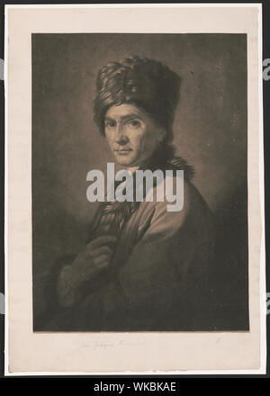 Jean-Jacques Rousseau, Brustbild, konfrontiert mit der rechten Hand auf der Brust links, das Tragen von Pelz-getrimmten Mantel und Hut Stockfoto