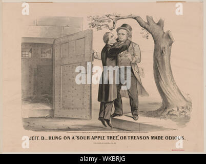 Jeff. D hing an einem sauren Apfel Baum oder Verrat, verschmähte Abstract: New York Tribune editor Horace Greeley, mit einer Kopie seiner Zeitung in seiner Tasche, hält Jefferson Davis's Zelle Tür öffnen, ihn loslassen aus dem Gefängnis. In Dankbarkeit Davis umarmt ihn, hängt von seinem Hals wie aus einem Sour Apple tree. (Für die Überlieferung des sauren Apfel, siehe John Brown ausstellenden sein Henker, nein. 1865-16.) 1867 Davis war aus dem Gefängnis entlassen und zugelassen zu bürgen, die Anleihe in Höhe von $ 100.000. Greeley, die zuvor in seiner Zeitung für Davis's geworben hatte, gehörte zu denen, die seine Bai unterzeichnet Stockfoto