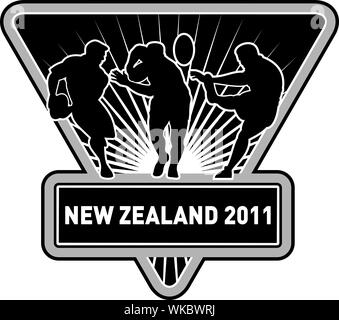 Abbildung: Silhouette von Rugby Player ausgeführt, die Abwehr und kicken den Ball in ein Schild mit der Aufschrift "rnew Neuseeland 2011' gesetzt. Stockfoto