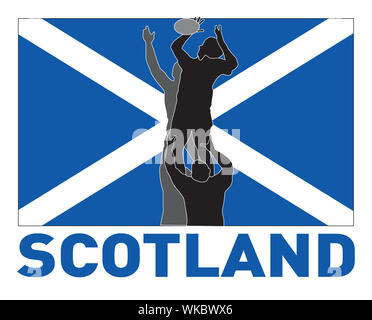 Illustration der Rugby-Spieler fangen Lineout werfen Ball mit Schottland Flagge im Hintergrund Stockfoto