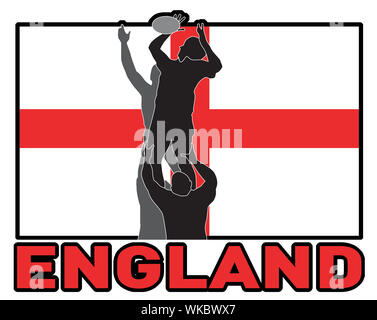 Illustration der Rugby-Spieler fangen Lineout werfen Ball mit England Flagge im Hintergrund Stockfoto