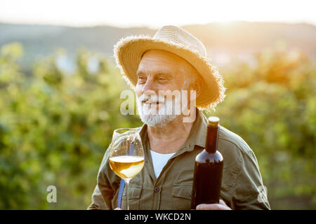 Portrait eines älteren gut gekleideten Winzer Kontrolle der Wein Qualität im Weinberg bei einem Sonnenuntergang. Konzept der Weinbereitung im Alter Stockfoto