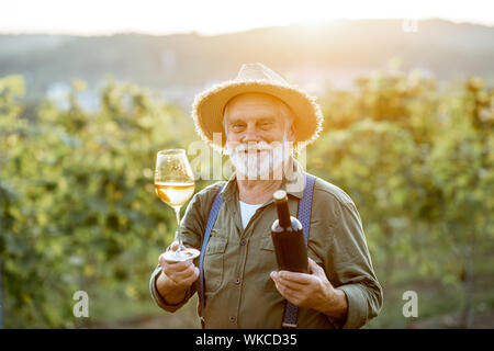 Portrait eines älteren gut gekleideten Winzer Kontrolle der Wein Qualität im Weinberg bei einem Sonnenuntergang. Konzept der Weinbereitung im Alter Stockfoto