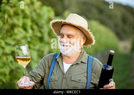 Portrait Of Happy senior gut gekleideten Winzer Wein Qualität prüfen, stehend mit Wein Glas und Flasche auf dem Weinberg Stockfoto