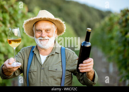 Portrait Of Happy senior gut gekleideten Winzer Wein Qualität prüfen, stehend mit Wein Glas und Flasche auf dem Weinberg Stockfoto