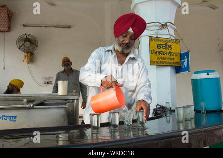 Menschen dienen das Wasser im Gurudwara, Gurdwara Bangla Sahib, New Delhi, Indien Stockfoto