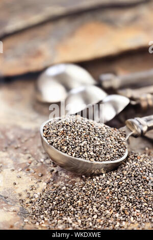 Esslöffel gesunde Chia Samen mit selektiven Fokus und extrem geringe Tiefenschärfe. Stockfoto