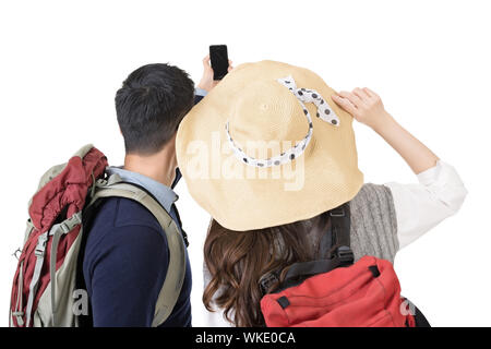 Asiatisches junges Reisen Paar selfie, Rückansicht in voller Länge Porträt auf weißem Hintergrund. Stockfoto