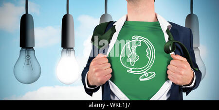 Geschäftsmann öffnung Shirt in Superhelden Stil gegen fünf Lampen in Reihe Stockfoto