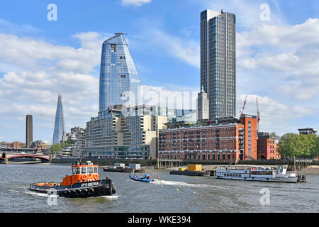 London South Bank Skyline entlang der Themse in Southwark Tate Modern & Wolkenkratzer Shard mit hohen Anstieg Bausteine in den Schatten Sea Container & Oxo Tower GROSSBRITANNIEN Stockfoto