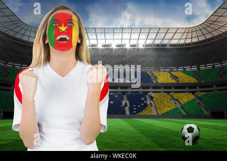 Aufgeregt Kamerun Fan in Gesicht Farbe Jubel gegen große Fußball-Stadion mit brasilianischen Fans Stockfoto