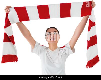 Fußball-Fan mit roten und weißen Schal auf weißem Hintergrund Stockfoto