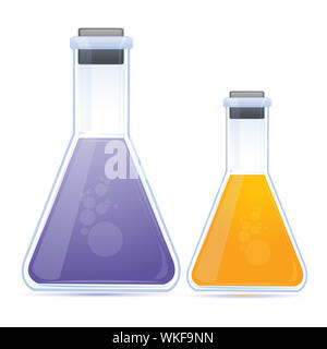 Darstellung der farbigen Chemikalie in Flasche auf weißem Hintergrund Stockfoto