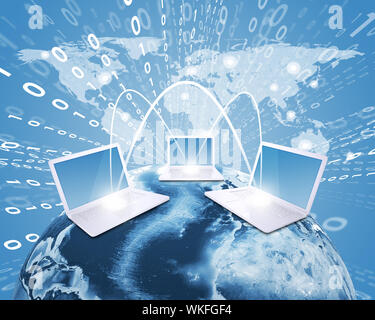 Laptops mit Erde gegen Weltkarte Hintergrund. Verbindungen und Netzwerk. Elemente dieses Bild sind von der NASA eingerichtet Stockfoto