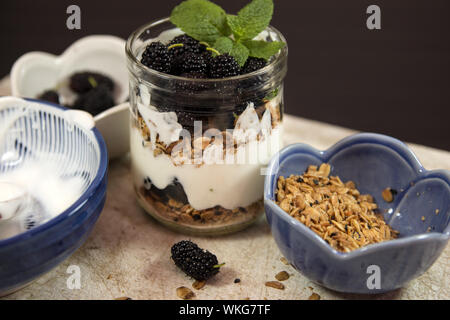 Gesunde Snack in Glas Glas Vorbereitung. Joghurt Beeren Müsli und Minze. Dessert in Schichten von fruts Maulbeeren Creme und Müsli. Selektive konzentrieren. Stockfoto