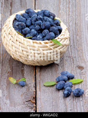 Frische reife Geißblatt Beeren mit Blätter in Wicker Schüssel isoliert auf rustikalen Holzmöbeln Hintergrund Stockfoto