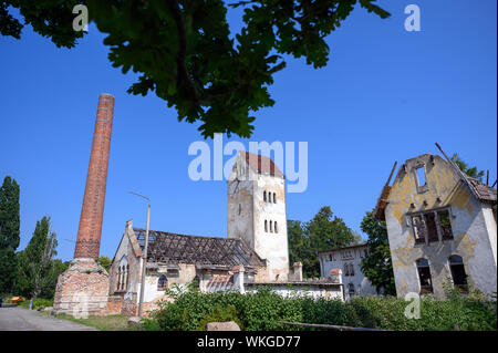 Neustrelitz, Deutschland. 25 Aug, 2019. Seit Jahrzehnten leer stehende Gebäude der ehemaligen Landesirrenanstalt am Domjüch. Die abgelegenen Gegend am Domjüchsee war bis 1945 eine regionale Irrenanstalt mit acht Gebäude, dann einer russischen Kaserne, leer seit 1993 und wird heute von der Vereinigung für die Erhaltung der Domjüch und für verschiedene Veranstaltungen genutzt. Credit: Jens Büttner/dpa-Zentralbild/ZB/dpa/Alamy leben Nachrichten Stockfoto