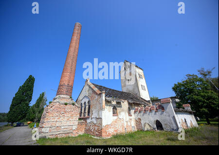 Neustrelitz, Deutschland. 25 Aug, 2019. Seit Jahrzehnten leer stehende Gebäude der ehemaligen Landesirrenanstalt am Domjüch. Die abgelegenen Gegend am Domjüchsee war bis 1945 eine regionale Irrenanstalt mit acht Gebäude, dann einer russischen Kaserne, leer seit 1993 und wird heute von der Vereinigung für die Erhaltung der Domjüch und für verschiedene Veranstaltungen genutzt. Credit: Jens Büttner/dpa-Zentralbild/ZB/dpa/Alamy leben Nachrichten Stockfoto