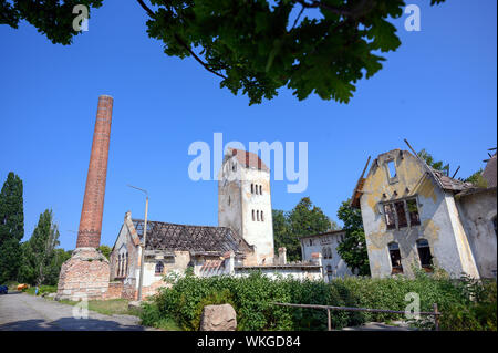 Neustrelitz, Deutschland. 25 Aug, 2019. Seit Jahrzehnten leer stehende Gebäude der ehemaligen Landesirrenanstalt am Domjüch. Die abgelegenen Gegend am Domjüchsee war bis 1945 eine regionale Irrenanstalt mit acht Gebäude, dann einer russischen Kaserne, leer seit 1993 und wird heute von der Vereinigung für die Erhaltung der Domjüch und für verschiedene Veranstaltungen genutzt. Credit: Jens Büttner/dpa-Zentralbild/ZB/dpa/Alamy leben Nachrichten Stockfoto